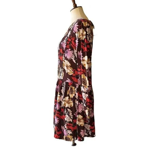 Hinge Women's Pintuck Floral Burgundy Fudge Wild Bouquet Mini Dress Size S - Picture 4 of 16